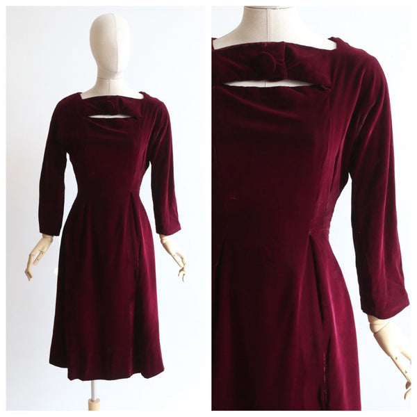 "Red Wine Velvet" Vintage 1950's Red Wine Velvet Dress UK 8 US 4