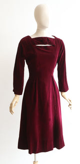 "Red Wine Velvet" Vintage 1950's Red Wine Velvet Dress UK 8 US 4
