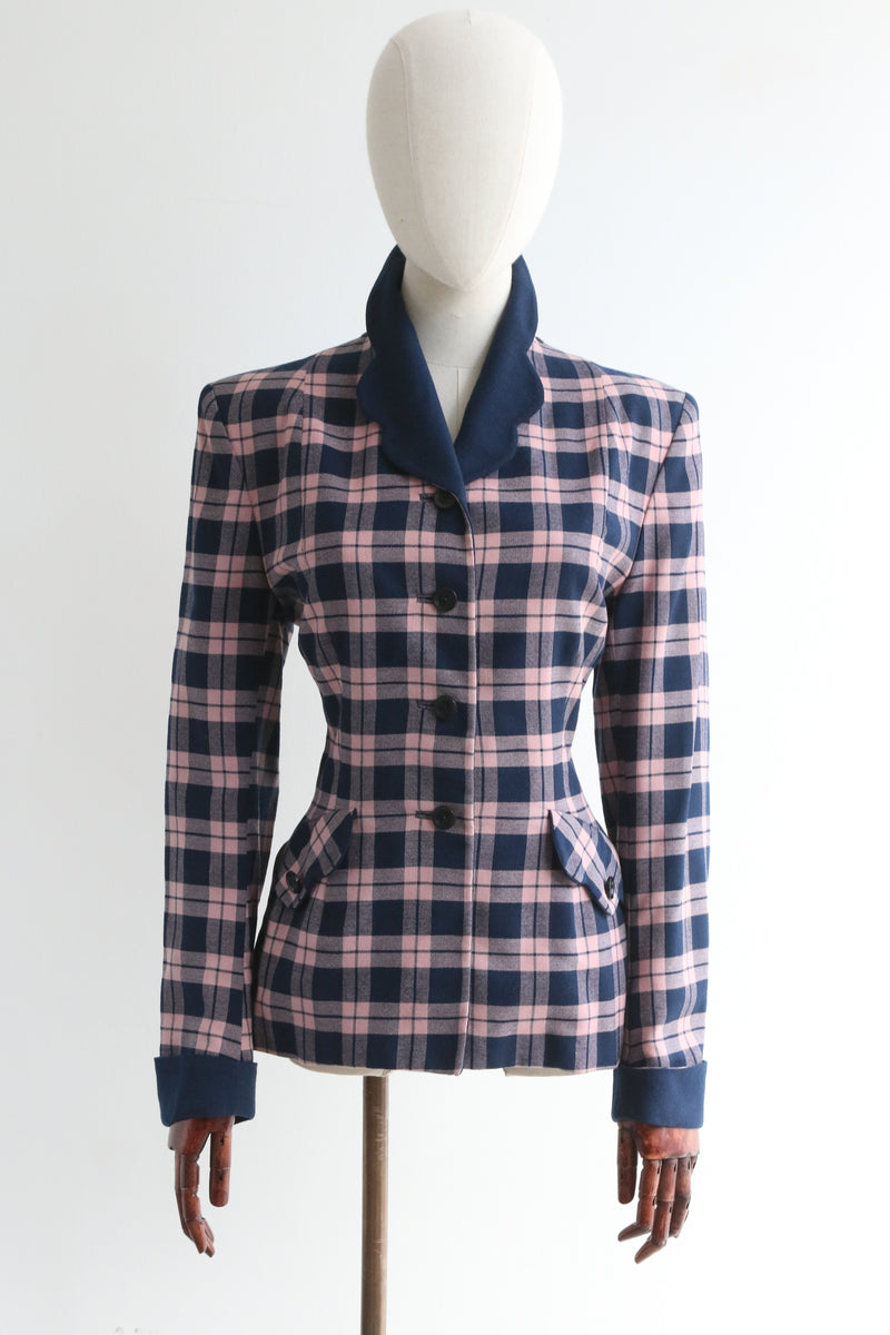 "Scalloped Collar" Vintage 1940's Navy & Pink Wool Jacket UK 12 US 8