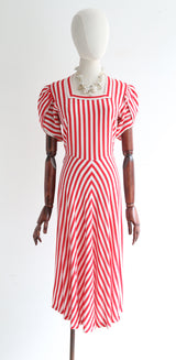" Candy Stripes " Vintage 1940's Red & White Pinstripe Cotton Dress UK 12-14 US 8-10