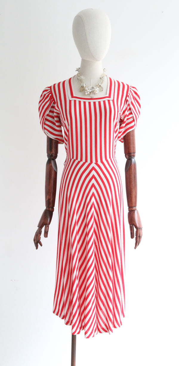 " Candy Stripes " Vintage 1940's Red & White Pinstripe Cotton Dress UK 12-14 US 8-10
