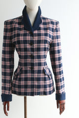 "Scalloped Collar" Vintage 1940's Navy & Pink Wool Jacket UK 12 US 8