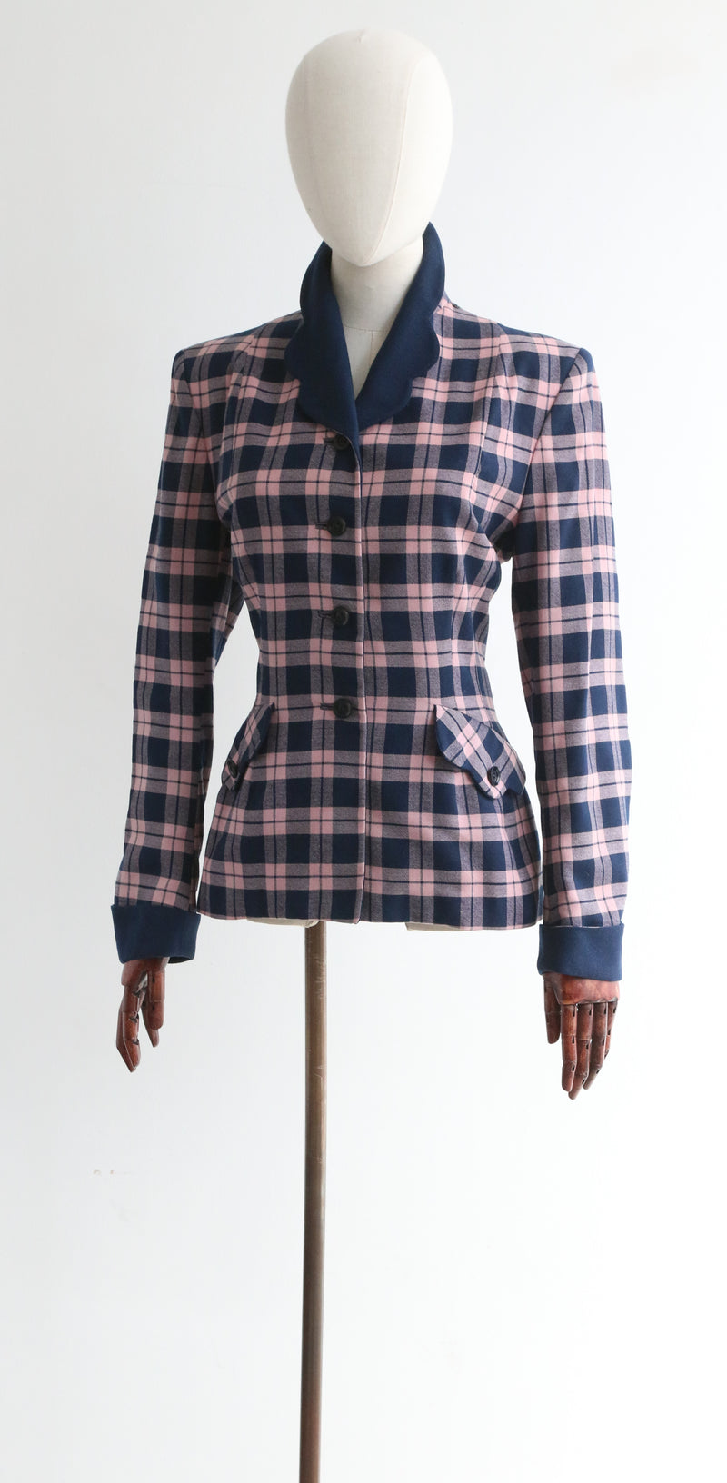 "Scalloped Collar" Vintage 1940's Navy & Pink Wool Jacket UK 12 US 8