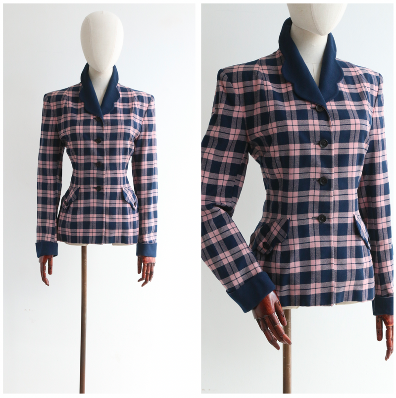 "Scalloped Collar" Vintage 1940's Navy & Pink Wool Jacket UK 12 US 8