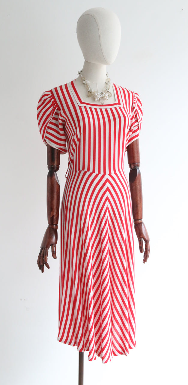 " Candy Stripes " Vintage 1940's Red & White Pinstripe Cotton Dress UK 12-14 US 8-10