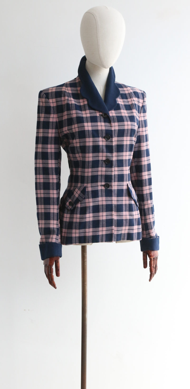 "Scalloped Collar" Vintage 1940's Navy & Pink Wool Jacket UK 12 US 8