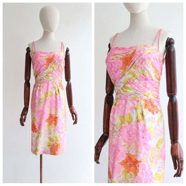 “Sunrise Flowers" Vintage 1950's Silk Floral Wiggle Dress UK 10 US 6
