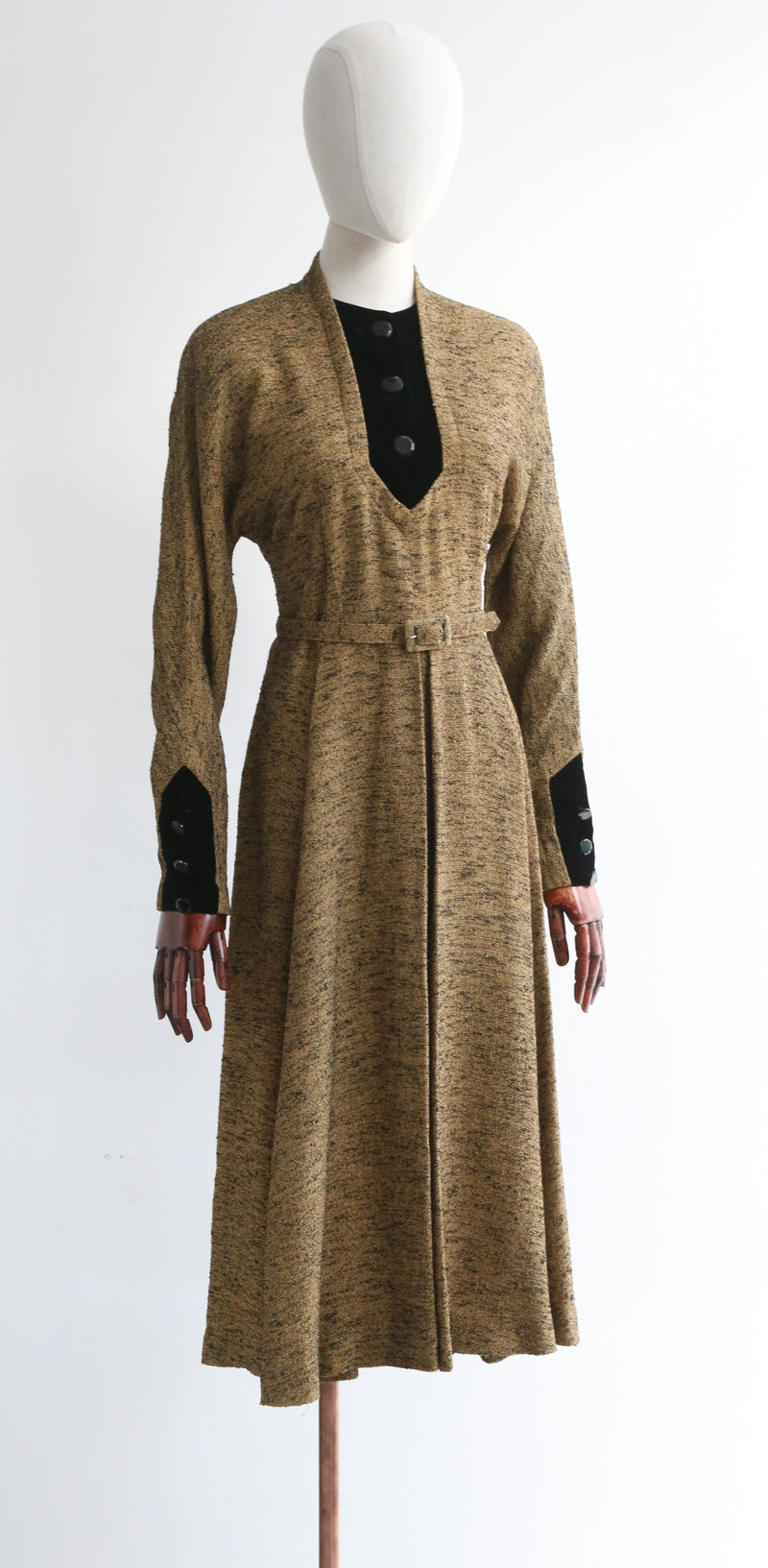 "Speckled Wool & Velvet" Vintage 1940's Speckled Wool & Velvet Dress UK 12 US 8