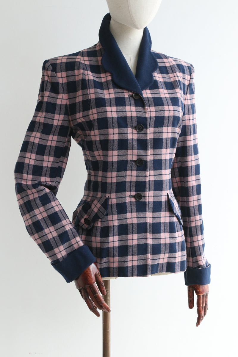 "Scalloped Collar" Vintage 1940's Navy & Pink Wool Jacket UK 12 US 8