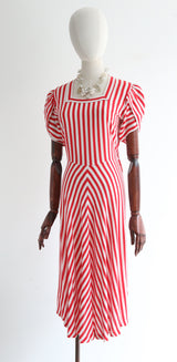 " Candy Stripes " Vintage 1940's Red & White Pinstripe Cotton Dress UK 12-14 US 8-10