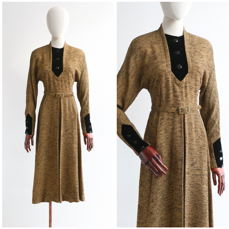 "Speckled Wool & Velvet" Vintage 1940's Speckled Wool & Velvet Dress UK 12 US 8