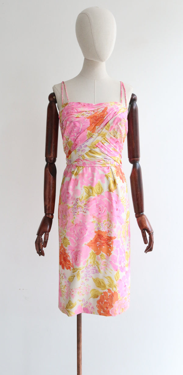 “Sunrise Flowers" Vintage 1950's Silk Floral Wiggle Dress UK 10 US 6